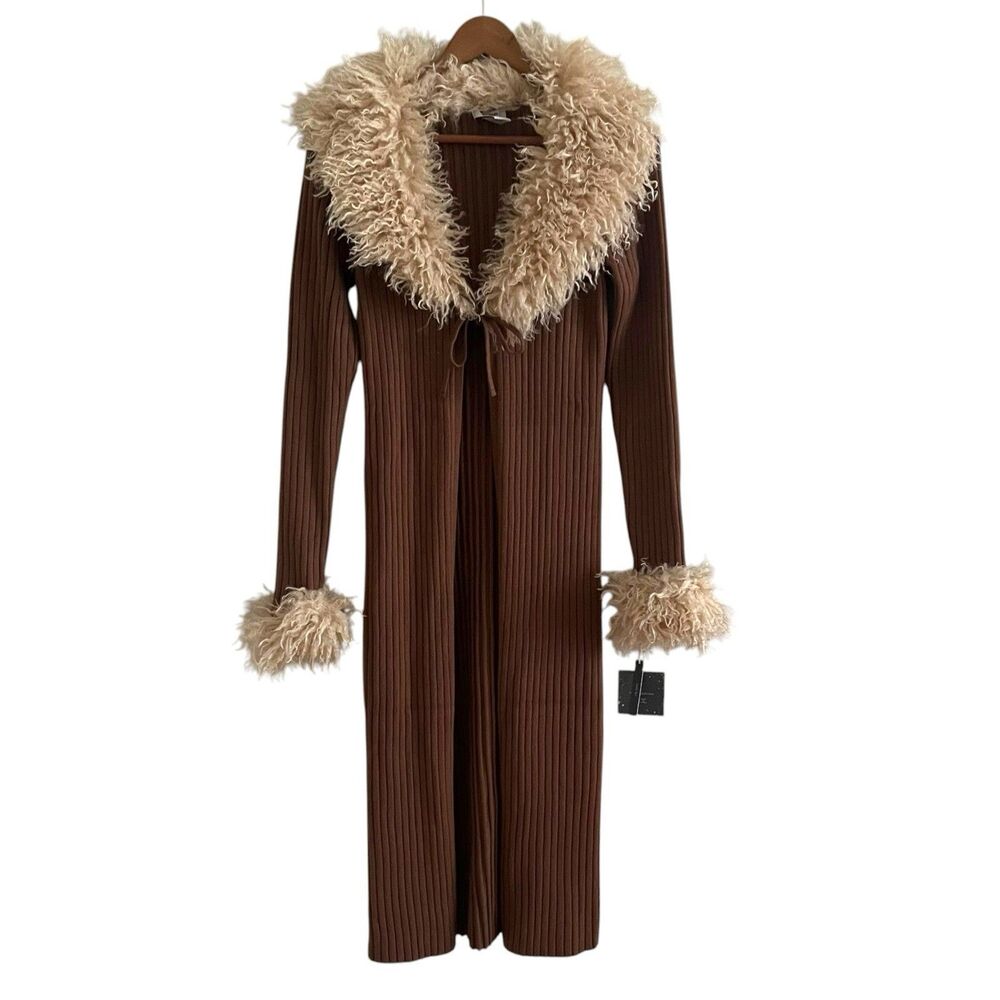 Haute Hippie Duste Cardigan size S Faux Fur Trim Ribbed Brown Penny Lane 70s - Picture 2 of 8